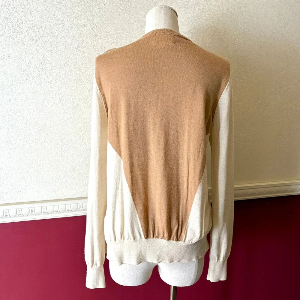 Sezane Virgin Wool Colorblock Cardigan Tan Cream Red L Quiet Luxury Chic Stretch